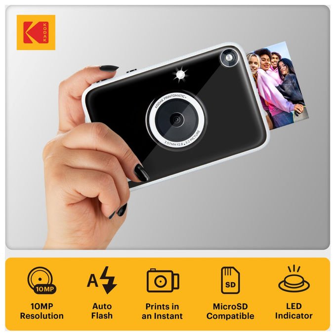 Kodak Printomatic+ fotocamera istantanea digitale, 10 MP, stampa Zink 2x3'', LED RGB, foto adesive senza inchiostro, nera