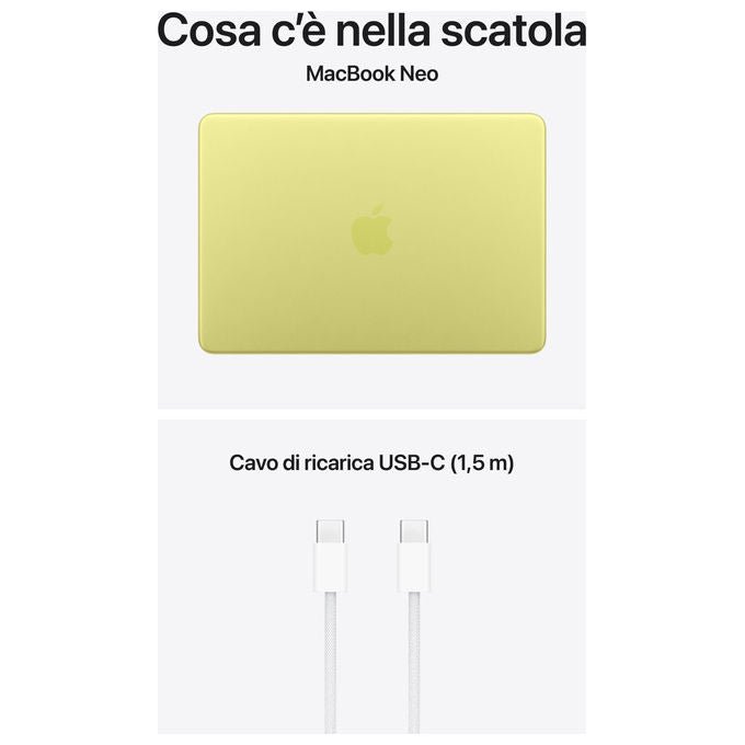 Apple MacBook Neo 13'', chip A18 Pro, cpu 6-core, gpu 5-core, 8GB RAM, 512GB SSD, Touch ID, giallo agrume