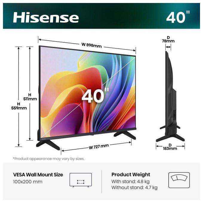 Hisense televisore 40A49S, 40 pollici, Full HD, smart tv VIDAA, LED, Wi-Fi, HDR, controllo vocale
