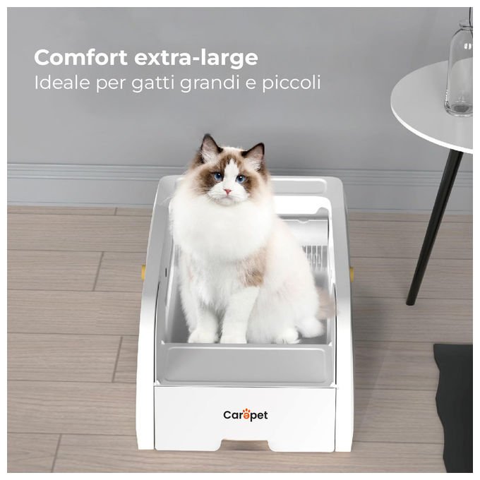 Carepet lettiera autopulente C102WC, fotocamera integrata, controllo app, riconoscimento multi-gatto, disinfezione UV, sensori infrarossi, bianco