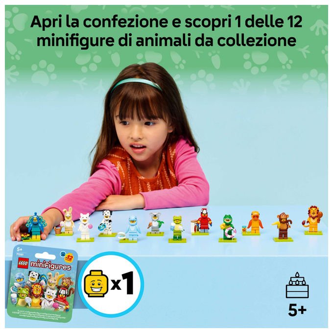 Lego minifigures serie animali 28, 71051, mystery box, 12 personaggi collezionabili in costume, accessori inclusi, eta' 5+
