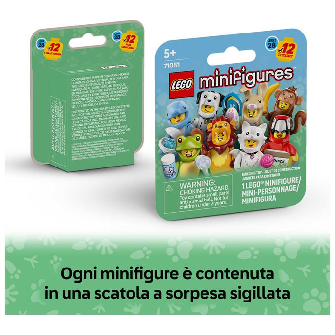 Lego minifigures serie animali 28, 71051, mystery box, 12 personaggi collezionabili in costume, accessori inclusi, eta' 5+