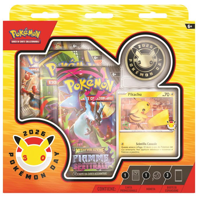 Pokémon collezione day 2026, 30° anniversario, carta olografica Pikachu, moneta, 3 buste espansione GCC, italiano