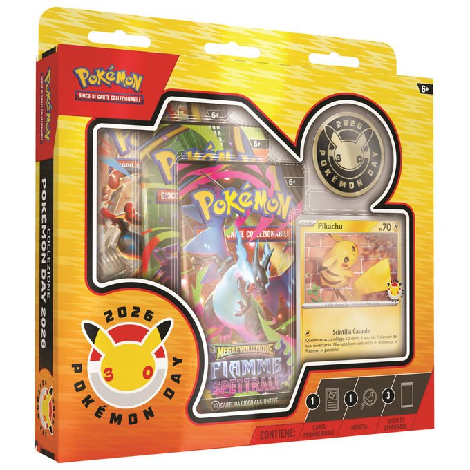 Pokémon collezione day 2026, 30° anniversario, carta olografica Pikachu, moneta, 3 buste espansione GCC, italiano