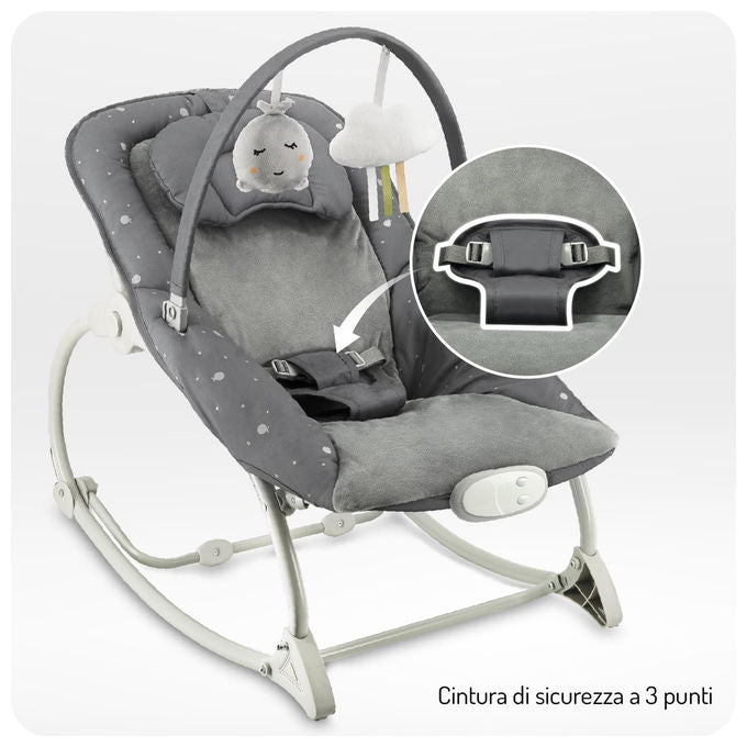 Momi Lapis sdraietta dondolo per neonati, fino a 12 kg, 8 melodie, 3 modalita' vibrazione, schienale 3 posizioni, grigio scuro
