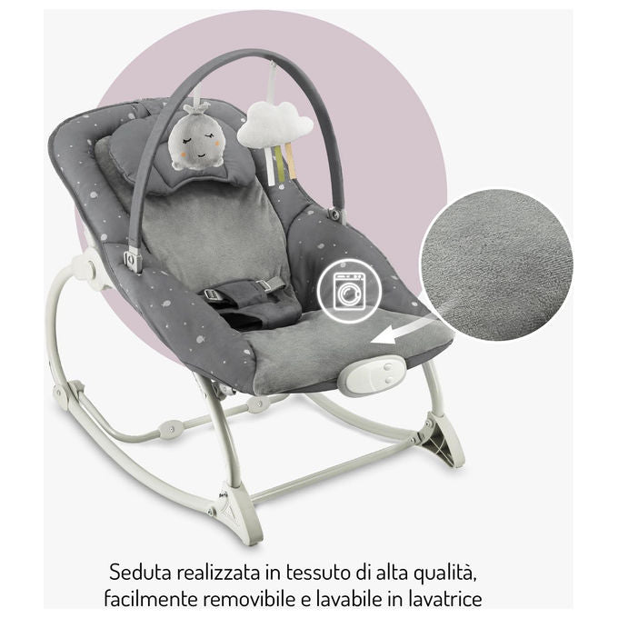 Momi Lapis sdraietta dondolo per neonati, fino a 12 kg, 8 melodie, 3 modalita' vibrazione, schienale 3 posizioni, grigio scuro