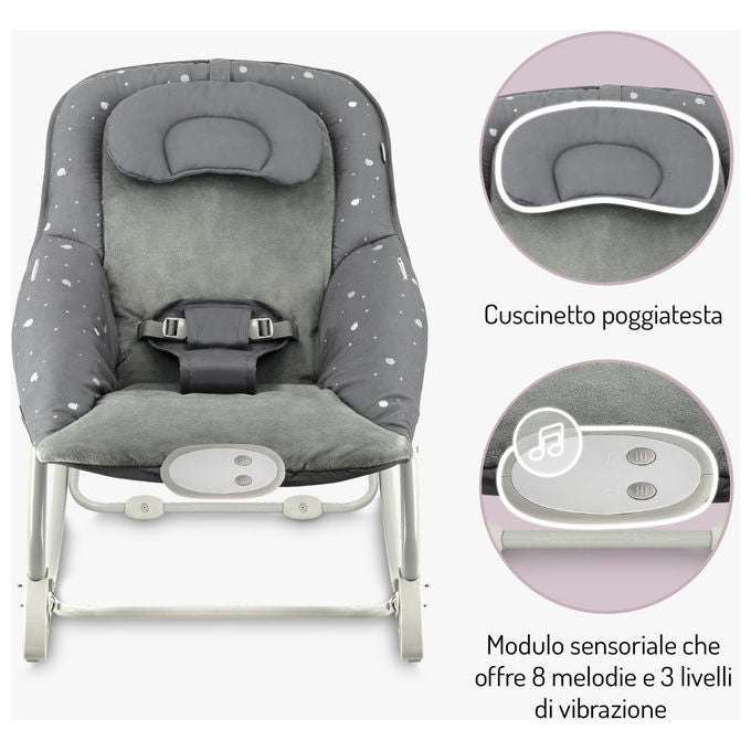 Momi Lapis sdraietta dondolo per neonati, fino a 12 kg, 8 melodie, 3 modalita' vibrazione, schienale 3 posizioni, grigio scuro