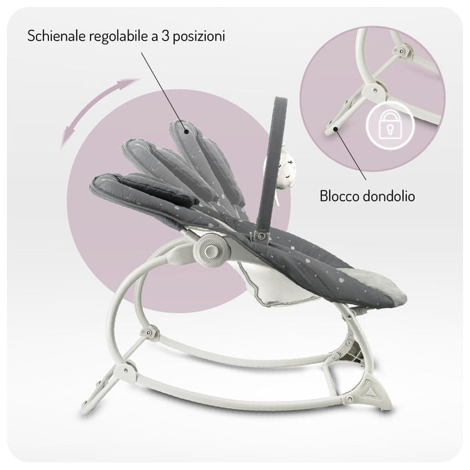 Momi Lapis sdraietta dondolo per neonati, fino a 12 kg, 8 melodie, 3 modalita' vibrazione, schienale 3 posizioni, grigio scuro