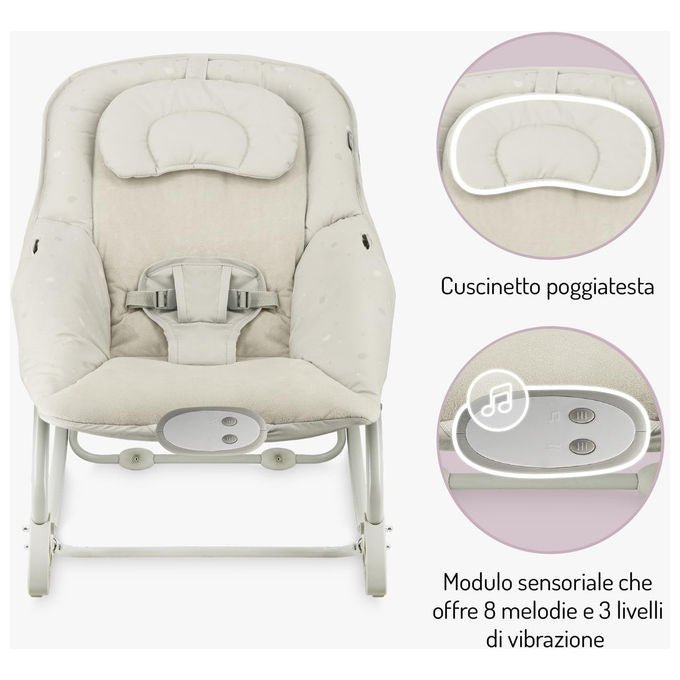Momi Lapis sdraietta a dondolo neonati, fino a 12 kg, 8 melodie, 3 modalita' vibrazione, schienale 3 posizioni, grigio scuro