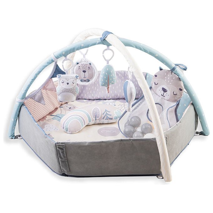 Momi palestrina pastel tappetino educativo 3 in 1, box e piscina di palline, 5 giocattoli sensoriali, 30 palline, 107x106x55 cm