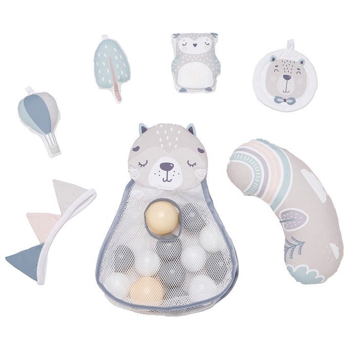 Momi palestrina pastel tappetino educativo 3 in 1, box e piscina di palline, 5 giocattoli sensoriali, 30 palline, 107x106x55 cm