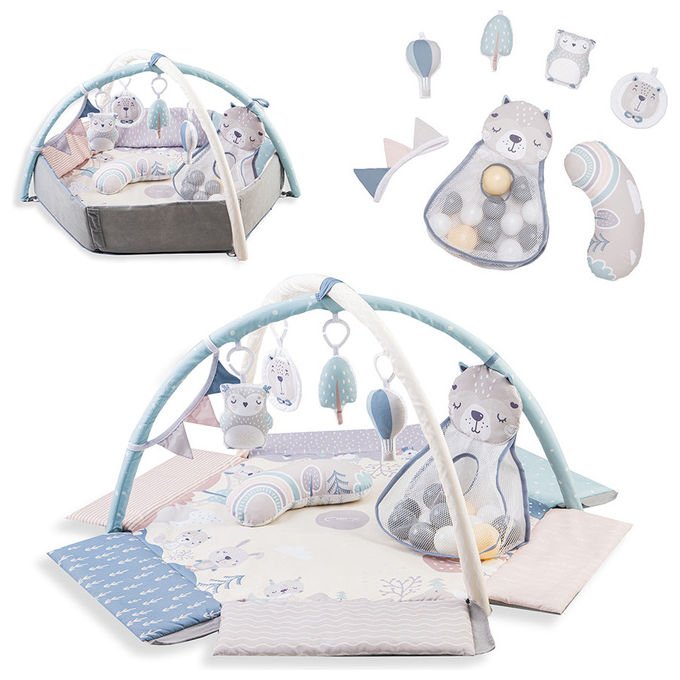 Momi palestrina pastel tappetino educativo 3 in 1, box e piscina di palline, 5 giocattoli sensoriali, 30 palline, 107x106x55 cm