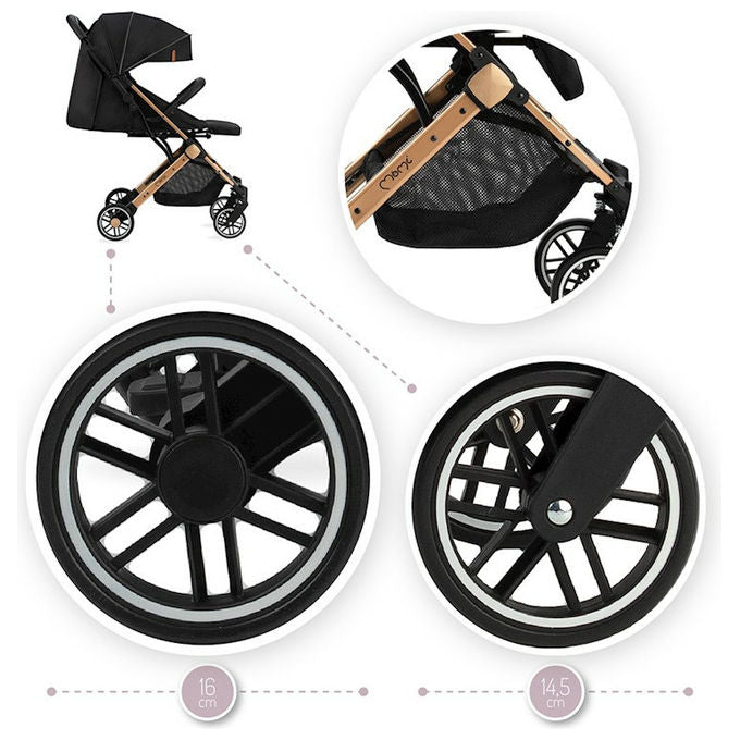 MoMi ESTELLE Passeggino Leggero pieghevole funzione trolley cinture 5 punti da 6 mesi fino a 15 Kg colore Nero