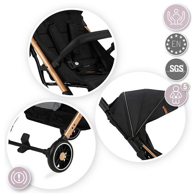 MoMi ESTELLE Passeggino Leggero pieghevole funzione trolley cinture 5 punti da 6 mesi fino a 15 Kg colore Nero