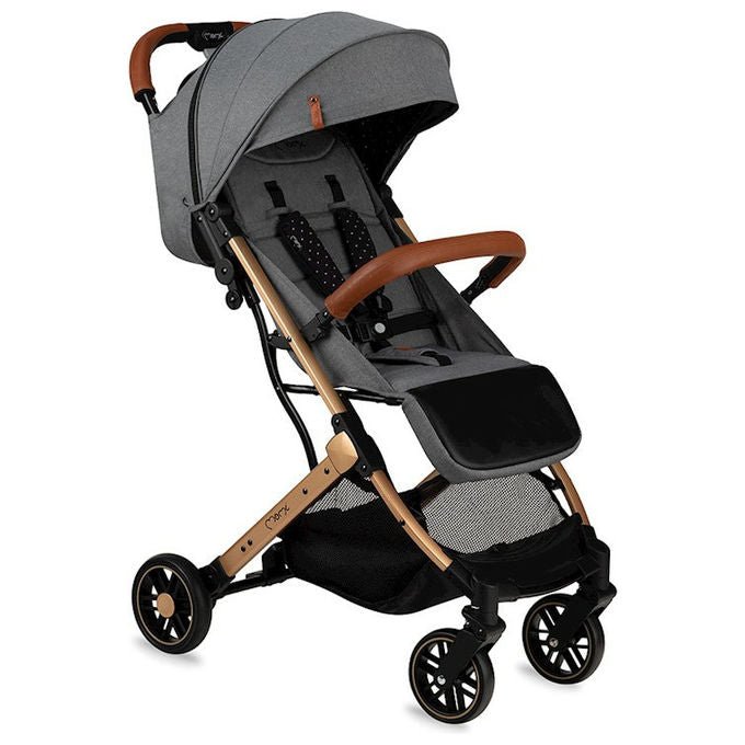 MoMi Estelle passeggino leggero pieghevole, telaio oro grigio, cinture 5 punti, sospensioni 4 ruote, da 6 mesi fino a 15 kg
