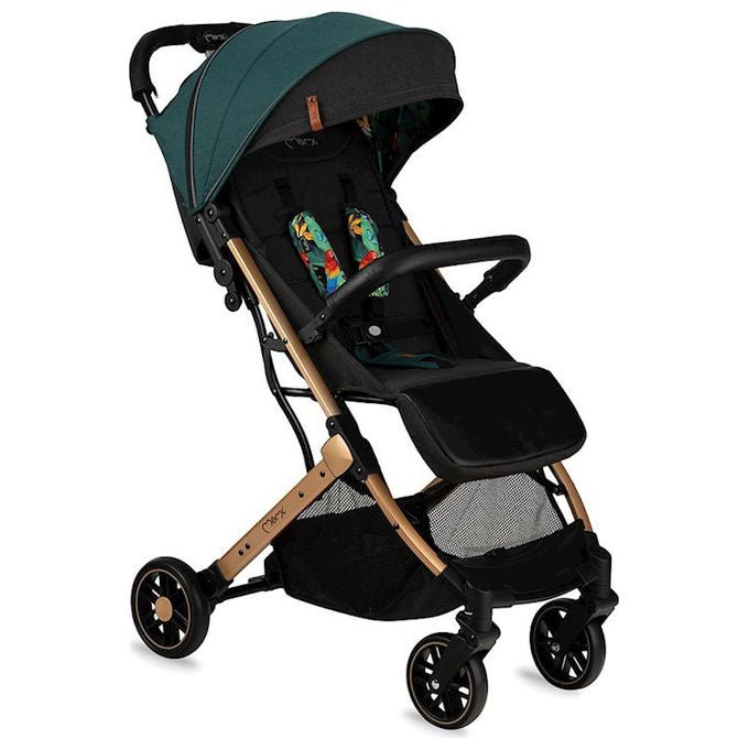 MoMi Estelle passeggino leggero e compatto, verde telaio oro, cintura 5 punti, schienale regolabile, da 6 mesi fino a 15 kg