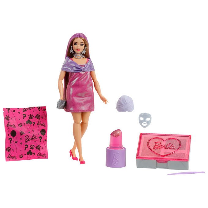 Barbie party unboxed bambola fashion, 10 sorprese, effetto cambia colore, slime con cucciolo, accessori glamour festa, JFY67
