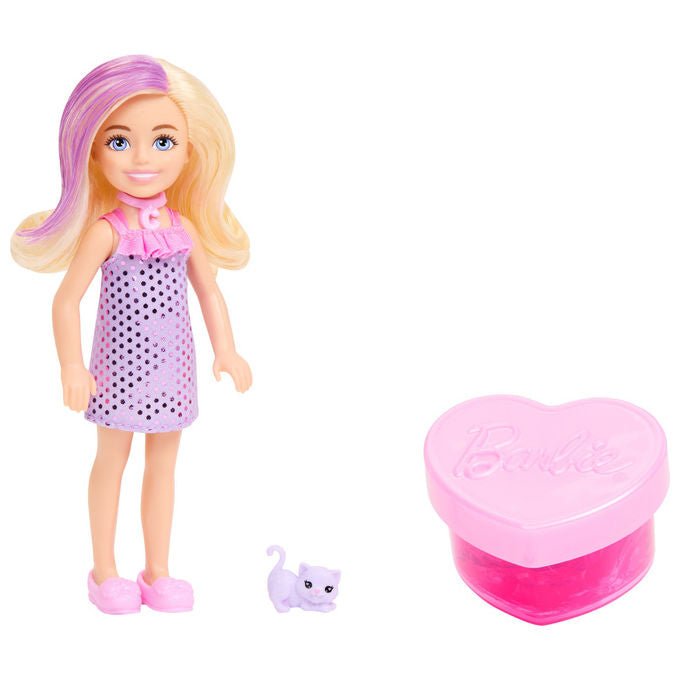 Barbie Chelsea Party Surprise, mini bambola con cucciolo, 6 sorprese effetto cambia colore, multicolore, dai 3 anni, JFY70