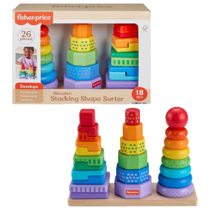 Fisher-Price giocattolo impilabile in legno, 3 piramidi cercaforme, 26 pezzi, legno FSC, sviluppo Montessori, dai 18 mesi