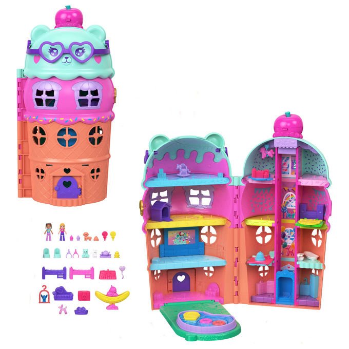Polly Pocket casa gelato JFT91, playset 4 piani, 2 mini bambole, 30 accessori, ascensore, coriandoli