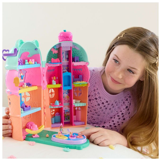 Polly Pocket casa gelato JFT91, playset 4 piani, 2 mini bambole, 30 accessori, ascensore, coriandoli