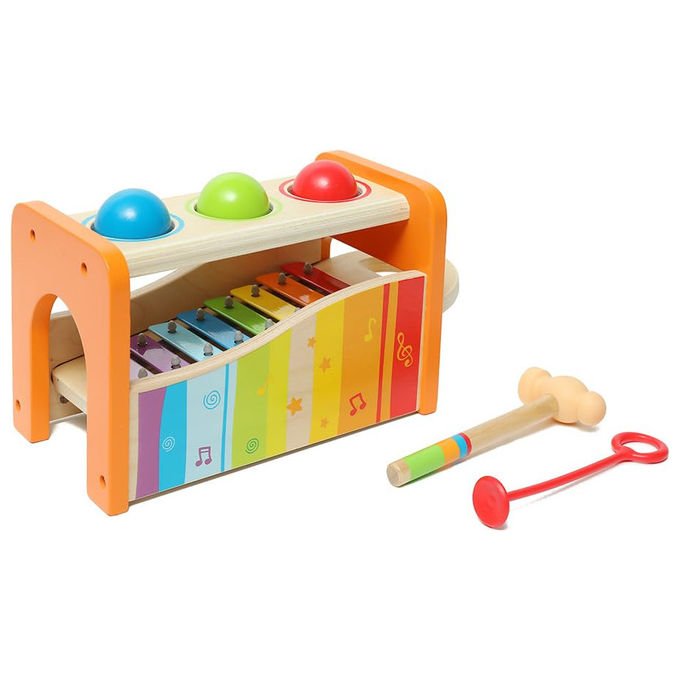 Fisher-Price xilofono in legno per bambini, panca Pound and Tap, martelletto e palline, giocattolo musicale, dai 18 mesi, HXT88