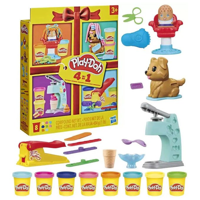 Hasbro Play-Doh playset 4 in 1, pasta da modellare, clinica veterinaria e gelateria, gioco creativo, 2 10 anni
