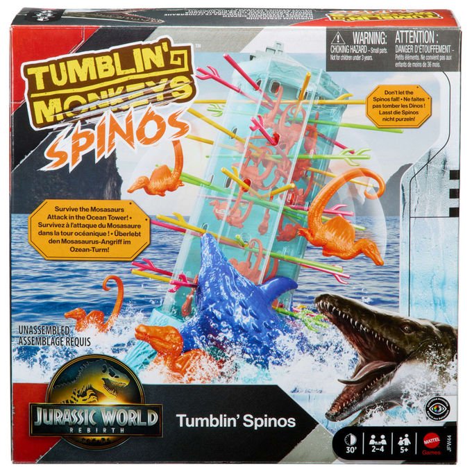Mattel Games salve le scimmie Jurassic World la rinascita, gioco di abilita', torre oceanica, spinosauri, 2-4 giocatori, dai 5 anni