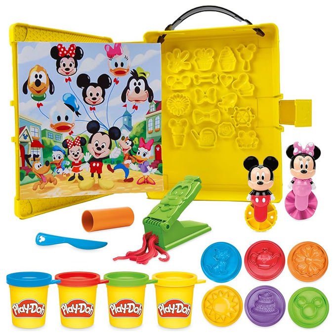 Hasbro Play-Doh Disney Junior playset on the go, valigetta portatile, 3 vasetti pasta modellabile, stampino Topolino Minnie, 4 accessori, dai 3 anni