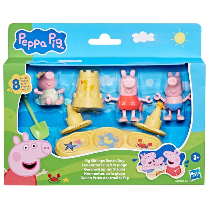 Peppa Pig, playset in spiaggia, 3 action figure Peppa George ed Evie in costume da bagno, castelli di sabbia, 8 pezzi, eta' 3+