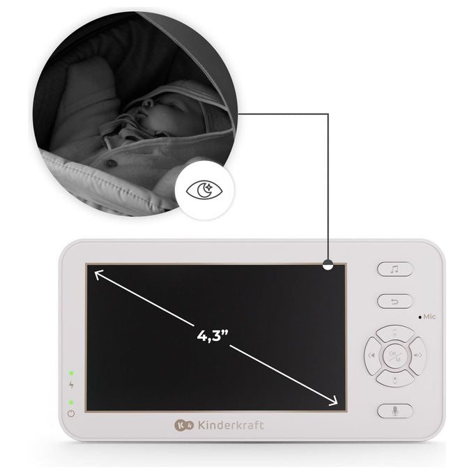Kinderkraft Niteeye Travel baby monitor con telecamera, schermo 4,3'', senza wifi, visione notturna, audio bidirezionale, modalita' vox, bianco