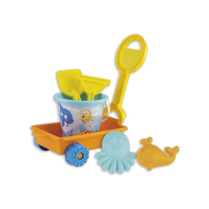 Androni carrello setaccio Happy Fish, set giochi da spiaggia, 6 pezzi, secchiello paletta rastrello formine, 12 mesi+