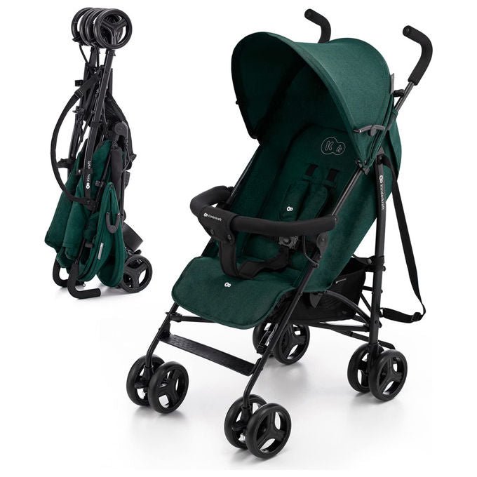 Kinderkraft TIK, passeggino leggero a ombrello, 6,5 kg, schienale reclinabile, cinture 5 punti, viaggio, da 6 mesi, verde