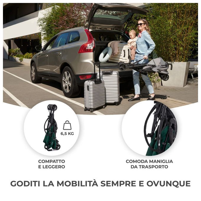 Kinderkraft TIK, passeggino leggero a ombrello, 6,5 kg, schienale reclinabile, cinture 5 punti, viaggio, da 6 mesi, verde