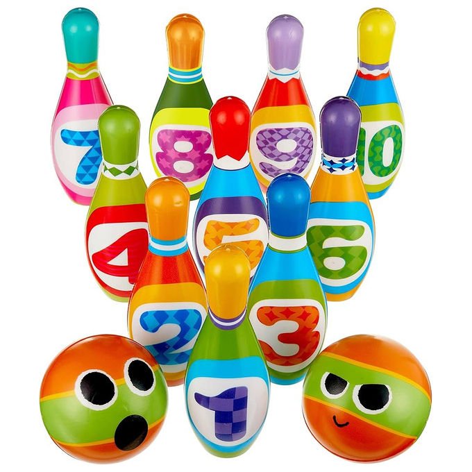 Globo gioco di birilli, 10 birilli e 2 palline, plastica resistente, per tutte le eta', interno ed esterno