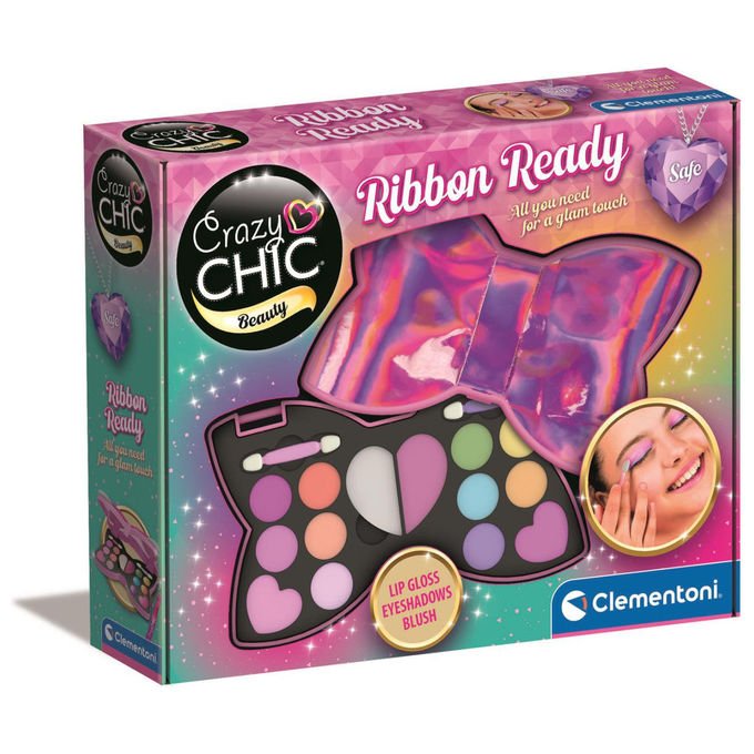 Clementoni Crazy Chic trousse fiocco new glam, set trucchi bambina, ombretti e lucidalabbra, specchietto, 6 anni+