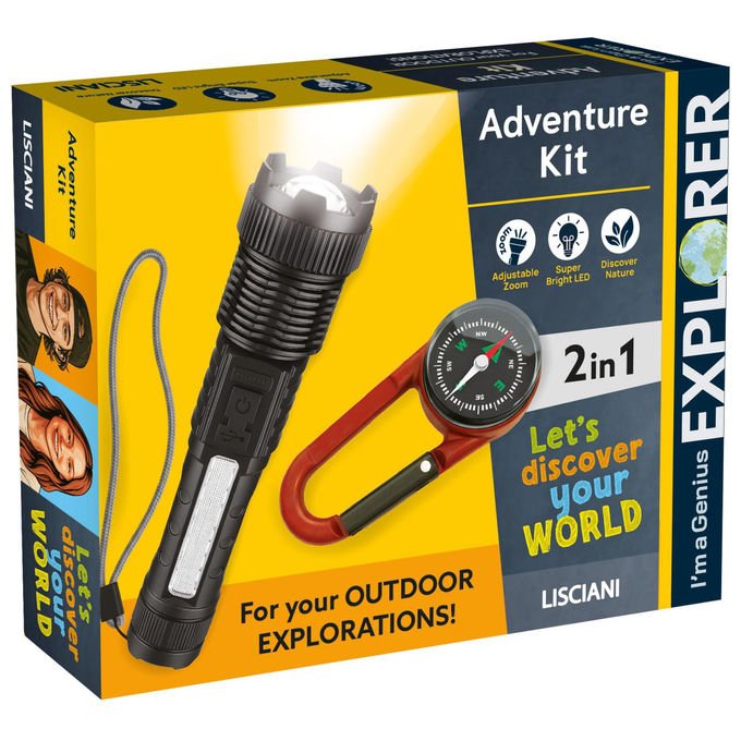 Lisciani kit avventura esploratore, torcia e bussola professionali, manuale illustrato, gioco educativo unisex, 5-12 anni