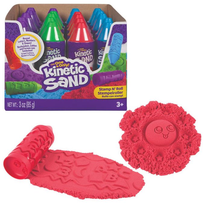 Kinetic Sand penna stamp n roll, sabbia cinetica modellabile 85 g, stampi lettere numeri e forme, per bambini dai 3 anni, colore assortito