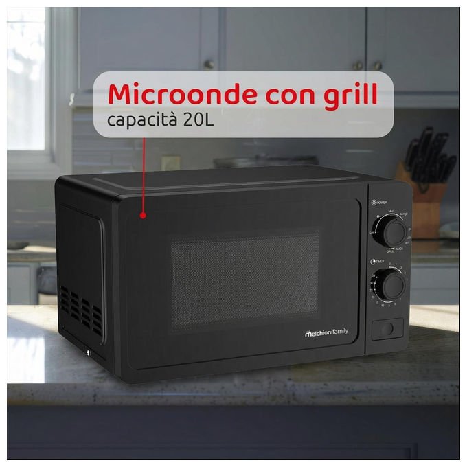 Melchioni family forno a microonde con grill, 20 litri, 800W, 9 livelli di potenza, timer 35 minuti, piatto in vetro, nero