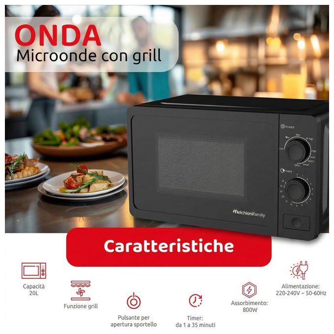 Melchioni family forno a microonde con grill, 20 litri, 800W, 9 livelli di potenza, timer 35 minuti, piatto in vetro, nero