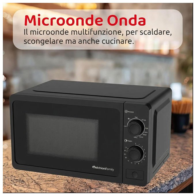 Melchioni family forno a microonde con grill, 20 litri, 800W, 9 livelli di potenza, timer 35 minuti, piatto in vetro, nero