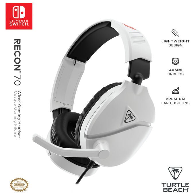 Turtle Beach Recon 70, cuffie gaming con filo, licenza ufficiale Nintendo Switch, microfono pieghevole, jack 3.5 mm, nero bianco