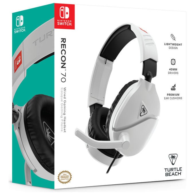 Turtle Beach Recon 70, cuffie gaming con filo, licenza ufficiale Nintendo Switch, microfono pieghevole, jack 3.5 mm, nero bianco