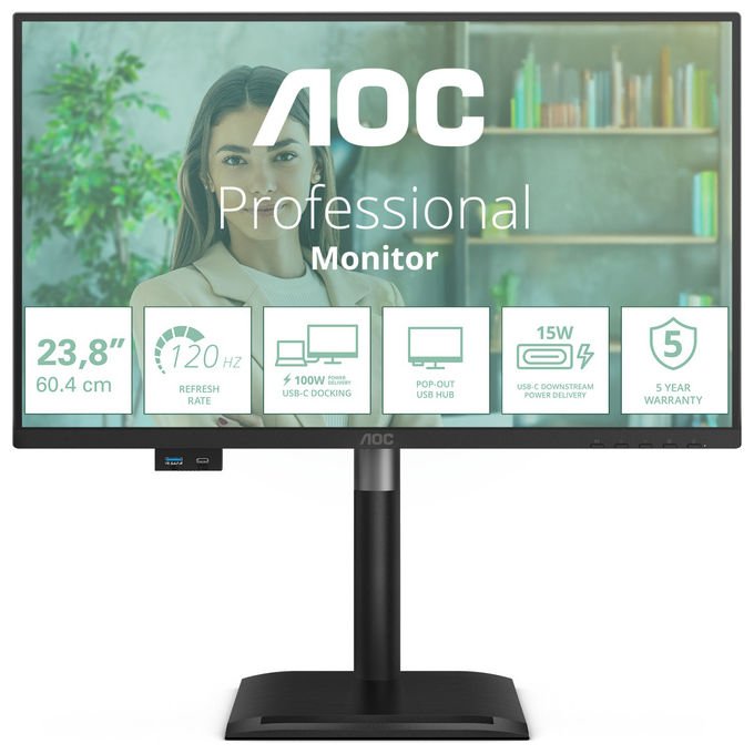 AOC 24P4CV monitor 23,8 pollici IPS Full HD 120Hz, USB-C 96W, hub USB 3.2, KVM, ethernet, regolazione altezza