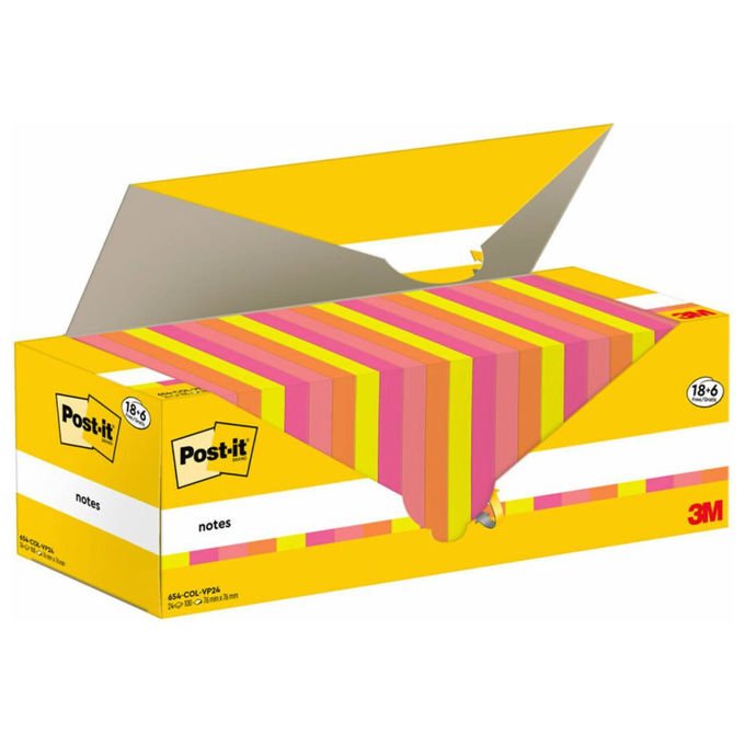 Post-it blocco foglietti Super Sticky 654-COL-VP24, 76x76 mm, colori assortiti, 90 fogli, confezione 24 blocchi, adesivo extra forte, certificato PEFC