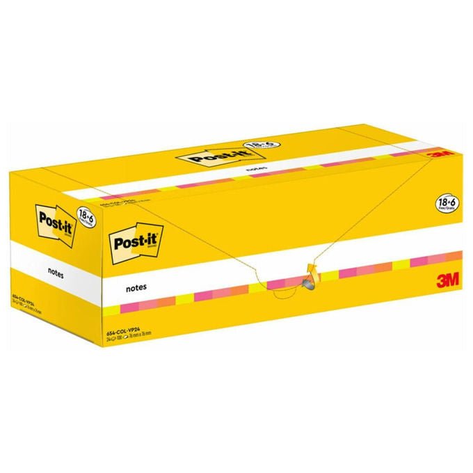 Post-it blocco foglietti Super Sticky 654-COL-VP24, 76x76 mm, colori assortiti, 90 fogli, confezione 24 blocchi, adesivo extra forte, certificato PEFC