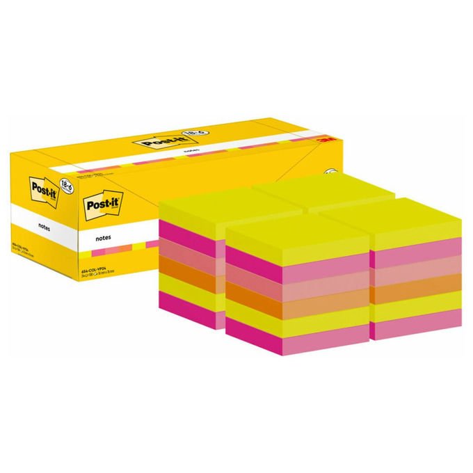 Post-it blocco foglietti Super Sticky 654-COL-VP24, 76x76 mm, colori assortiti, 90 fogli, confezione 24 blocchi, adesivo extra forte, certificato PEFC