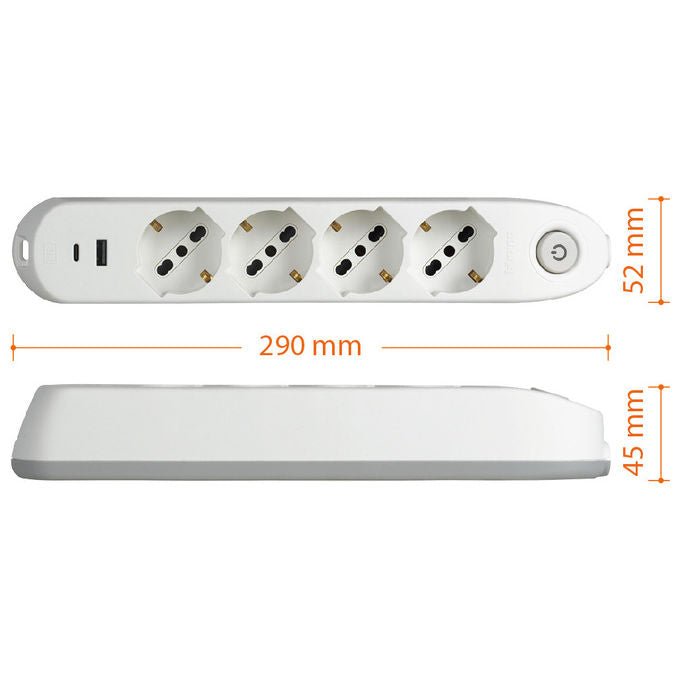 Bticino Poker multipresa 4 prese universali, 2 USB, interruttore di sicurezza, cavo 1,5 m, 16A, bianca