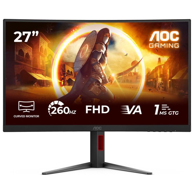 AOC monitor gaming curvo 27 pollici C27G4Z2, Full HD 1920x1080, 260 Hz, 1 ms, Fast VA, HDR10, Adaptive Sync, nero rosso
