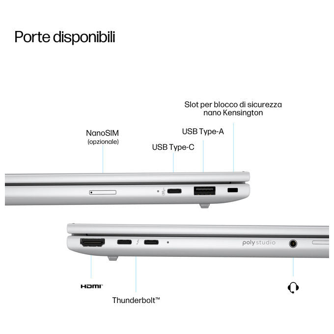 HP EliteBook 8 G1i notebook AI PC 14 pollici, Intel Core Ultra 5 225U, 16 GB DDR5, SSD 512 GB NVMe, display WUXGA IPS, Windows 11 Pro, argento